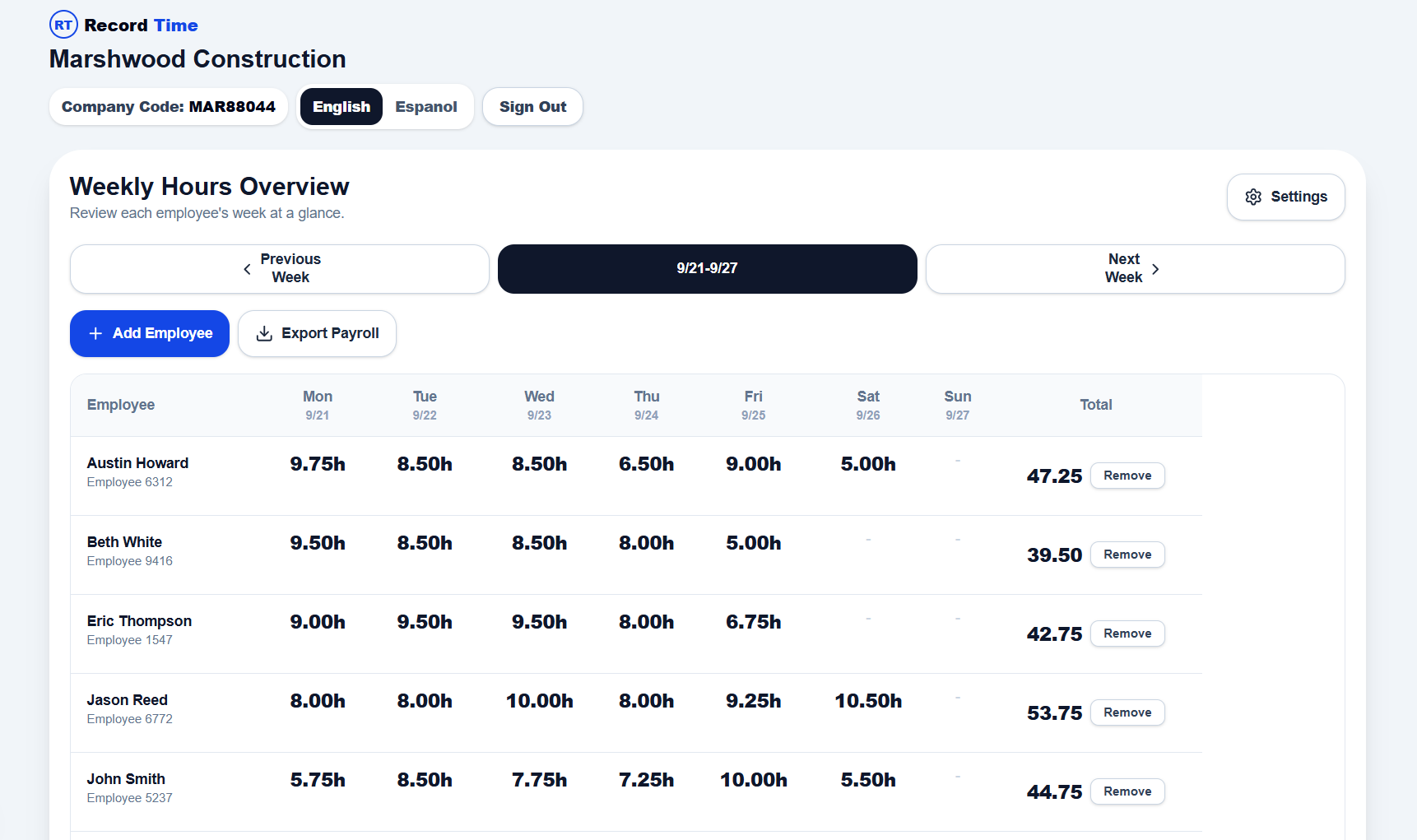 Record Time owner weekly hours dashboard